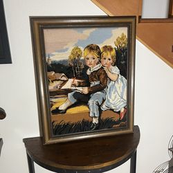 LARGE STUNNING FRAMED ANTIQUE VICTORIAN NEEDLEPOINT BOY & GIRL