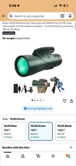 Gosky 12x55 HD Monocular Telescope with BAK4 Prism & FMC Lens, Lightweight with Smartphone Adapter - For Bird Watching, Hunting, Hiking, Traveling