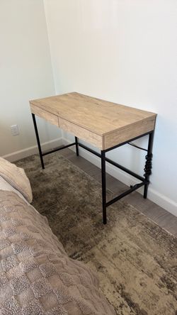 Wood Top Desk with Black Metal Frame and Charging Station