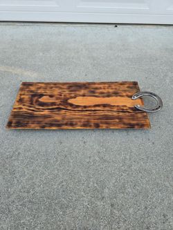 Rustic Torched Wood Serving Tray with Horseshoe Handle