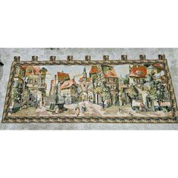 Large Vintage Wall Hanging Tapestry of Medieval Village Scene