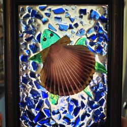 Framed Sea Shell,Sea Glass Mosaic Art Piece 6.5"8.5"