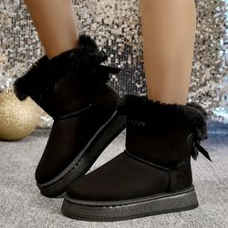 Womens Black Short Boots W/ Bows Size 7-7.5 Winter Faux Fur Lined