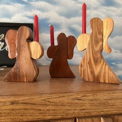 Three Wood Angel Candle Holders