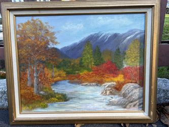 Vintage Signed Framed Autumn Landscape Oil Painting Artwork Framed it is 21”x17”