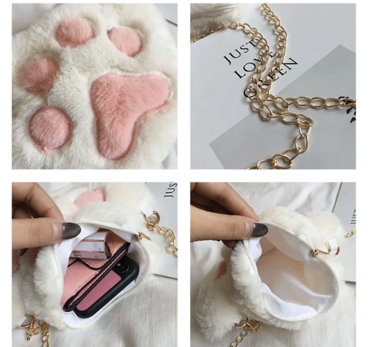 Cute Bear Paw Girls Chain Zipper Shoulder Coin Purse, Soft Plush .