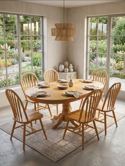 7-Piece Vintage Dining Set Round Table with 2 Leaves and 6 Windsor Chairs in Yellow Oak Finish Country Cottage Farmhouse Classic Scandinavian