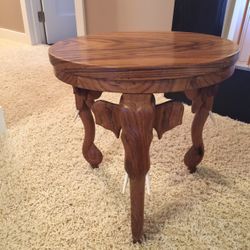 Vintage Hand Carved Elephant Table & 3 Elephants 