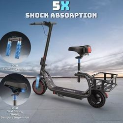 Electric Scooter with Seat & Basket, 350W Motor, 8.5'' Solid Tires, Top Speed 19mph, Max 16/27 Miles Ranges, Foldable E-Scooter with Suspension, Digit