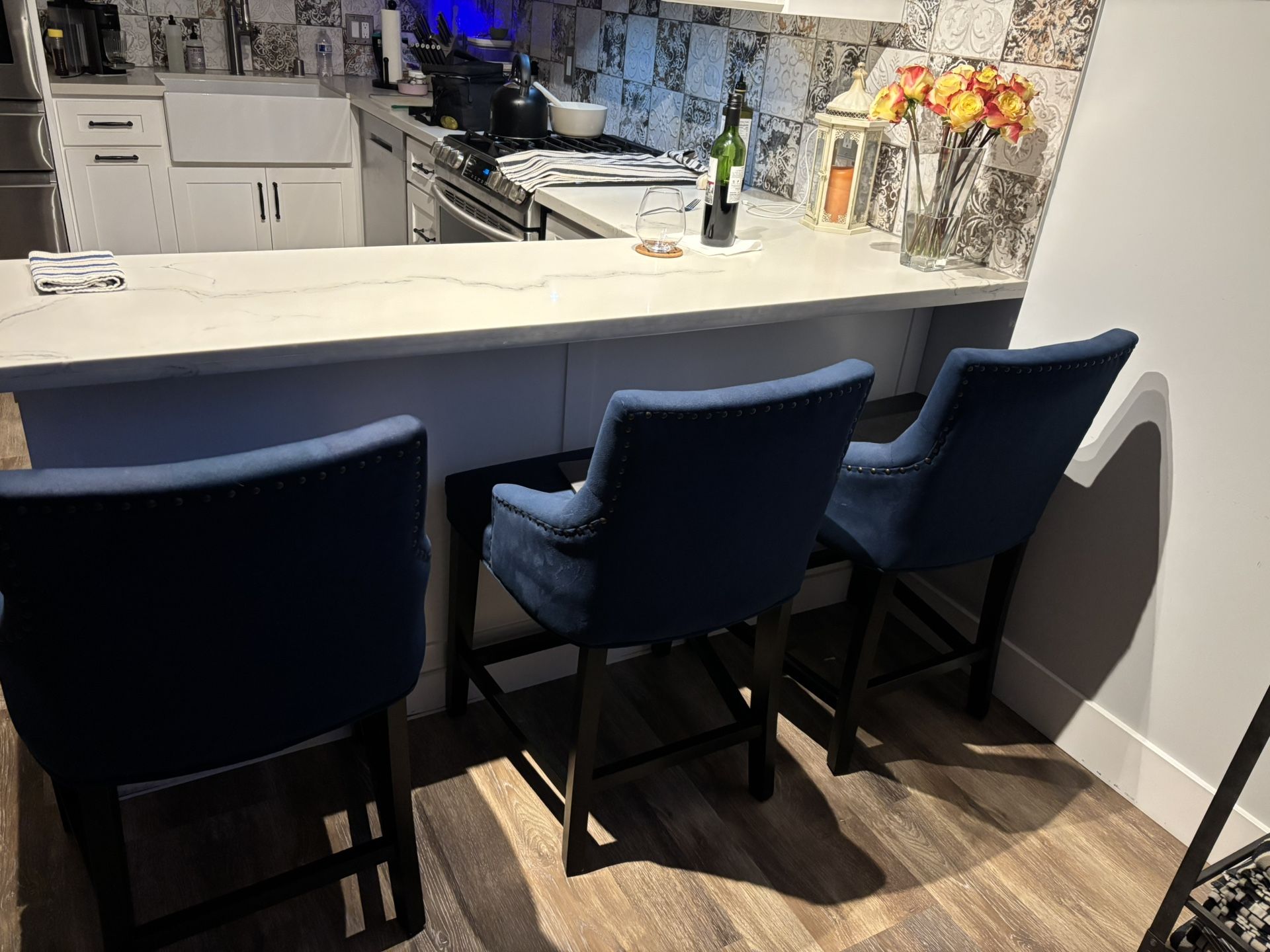 SET OF 3 ROYAL BLUE VELVET BAR STOOLS - LIKE NEW - $120