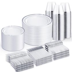 WELLIFE 600 PCS Silver Disposable Dinnerware Set for 100 Guests, Wedding Plates Silver Plastic Plates for Party, 100 Each-Dinner & Salad Plates, Cups,