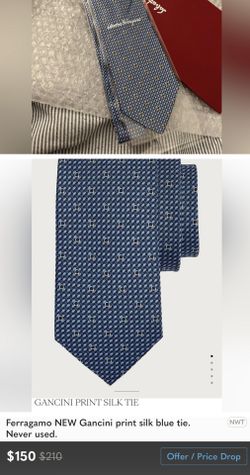 Ferragamo NEW Gancini Print Silk Blue Tie