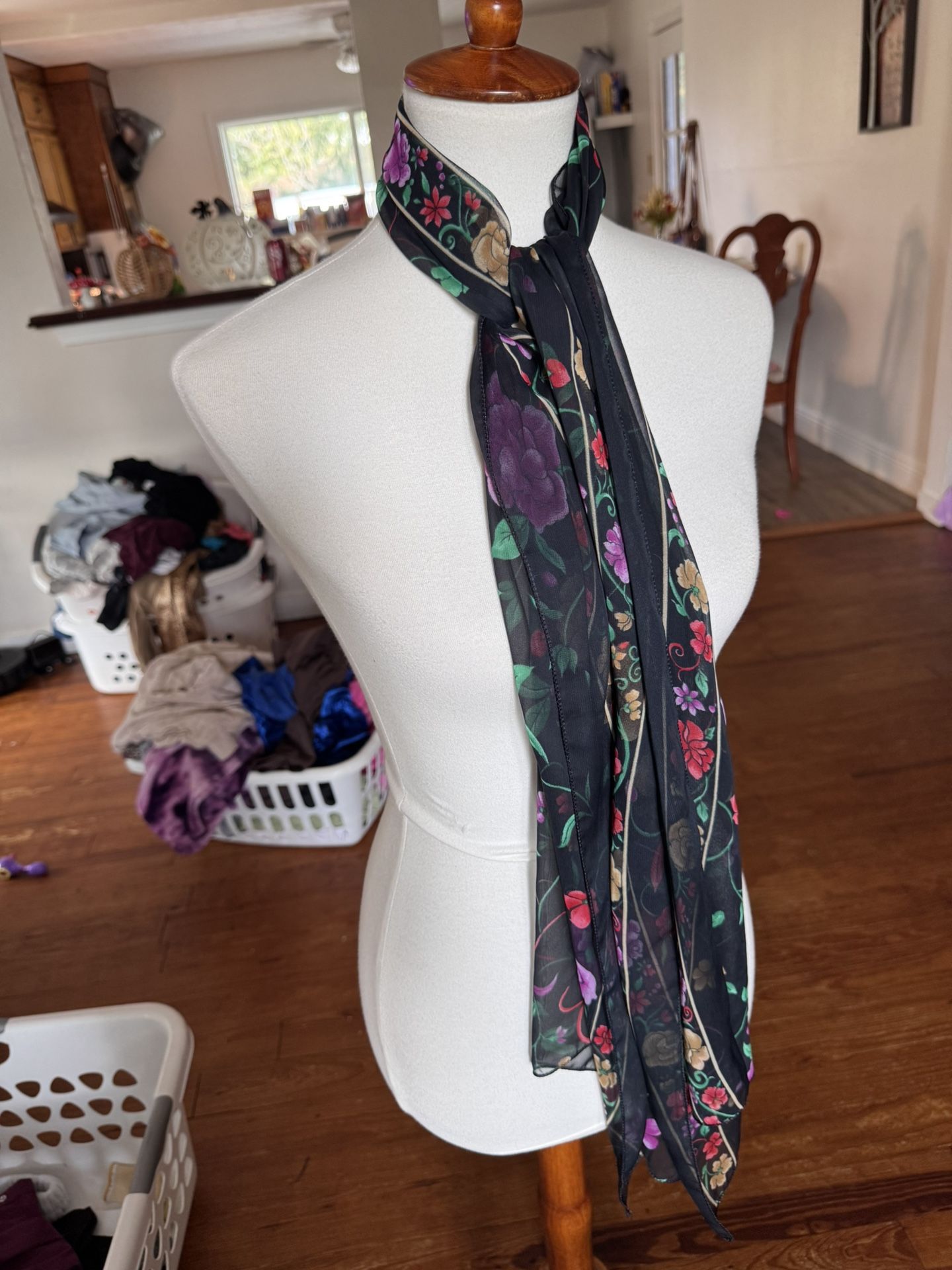 Floral Print Sheer Black Boho Like Scarf With Elegant Twist