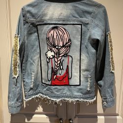 Girl Size 10 cute jean jacket girl and cat design on back