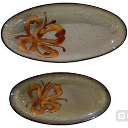 RETIRED Set Of 2 PIER 1 IMPORTS  Kioko Oval  Stoneware Serving Trays Dishes 12.5" & 15.5" 
