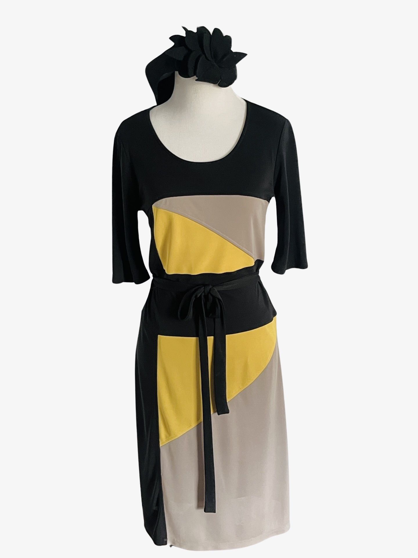BCBG MaxAzria Womens Dress Color Block Black Yellow Tan Sz M Knee Length Leticia