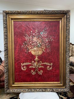 Stunning Painting Flower in the Vase Oil & Acrylic on Canvas.  Gold Color Carved Wood Frame🌷