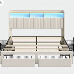 Queen Size Bed Frame with 6 Storage Drawers, 2-Tier Storage Headboard with Led and charge ，Vertical Tufted Headboard, Platform Bed Frame with Wooden S