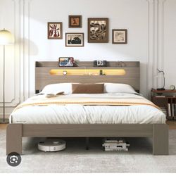 Wood Platform Bed Frame with Charging Station, Queen, Brand new