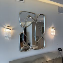  PAIR OF MONT BLANC 3-LIGHT WALL SCONCES IN MODERN SILVER LEAF 10.75L X 10.75W X 18.75H - Excellent condition - Retail: $3500