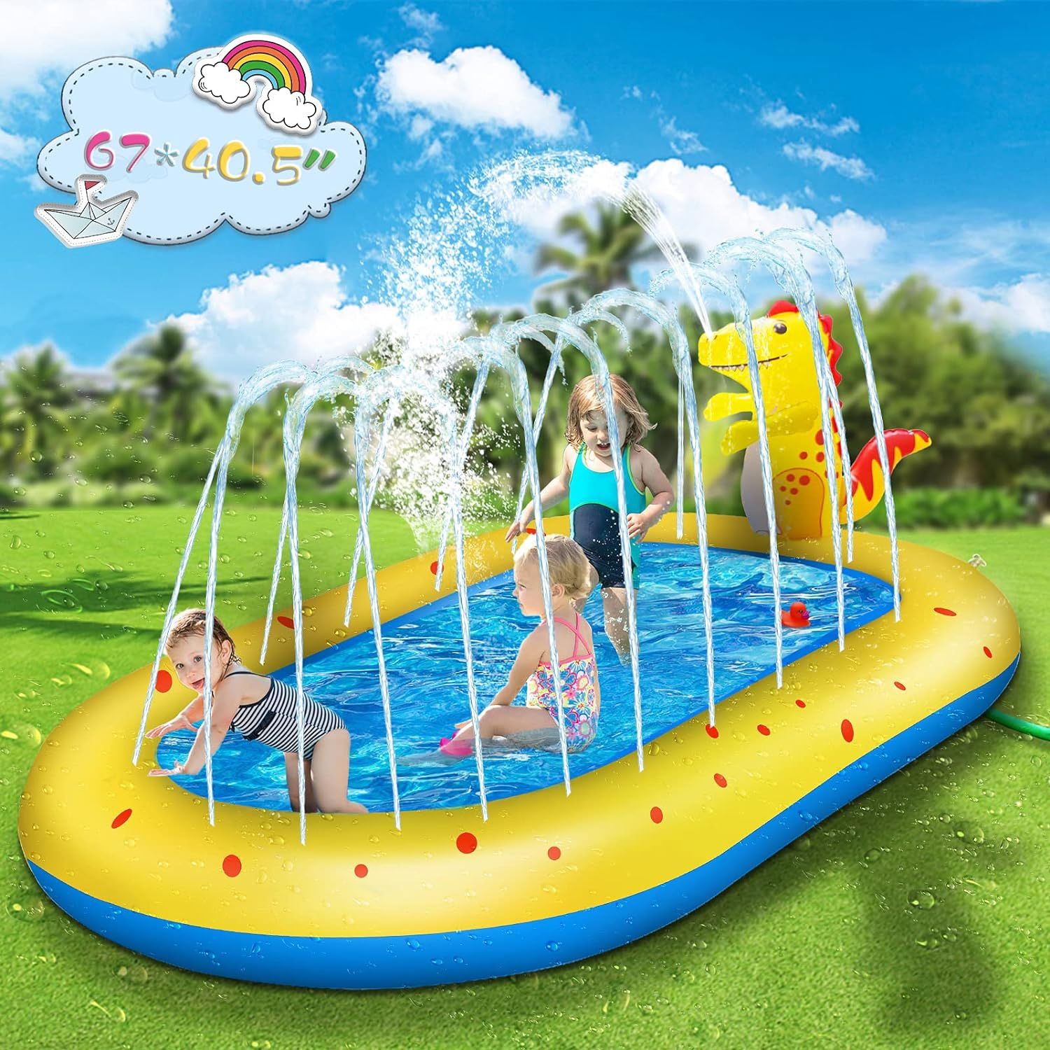 Inflatable 3 in 1 Sprinkler Pool/Splash Pad with Dinosaur and Upwards + Side Spraying for Kids