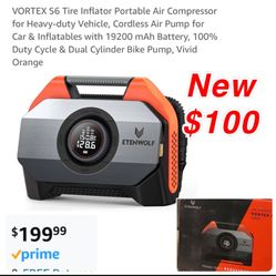 New VORTEX S6 Tire Inflator Portable Air Compressor for Heavy-duty Vehicle, Cordless Air Pump for Car & Inflatables with 19200 mAh Battery, 100% Duty 