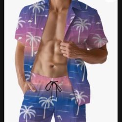 Mens Hawaiian Shirts and Shorts Set 3 Pieces Tropical Outfit Animal Print Button Down Matching Suit with Bucket Hats