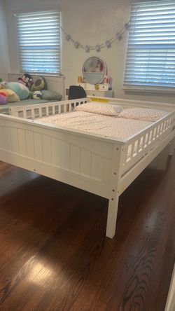 White Wood Kids Full size Bed Frame with Safety Rails