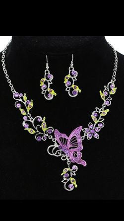 Purple Rhinestone butterfly necklace and earring set