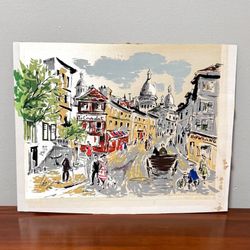 Vintage Mid Century Gouache Painting On Silk Whimsical Signed Art Street Scene Montmartre Paris