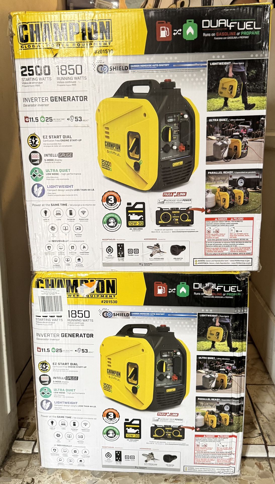 Champion Power Equipment 2500/1850-Watt Recoil Start Gasoline/Propane Powered Dual Fuel Inverter Generator with Quiet Technology and CO Shield