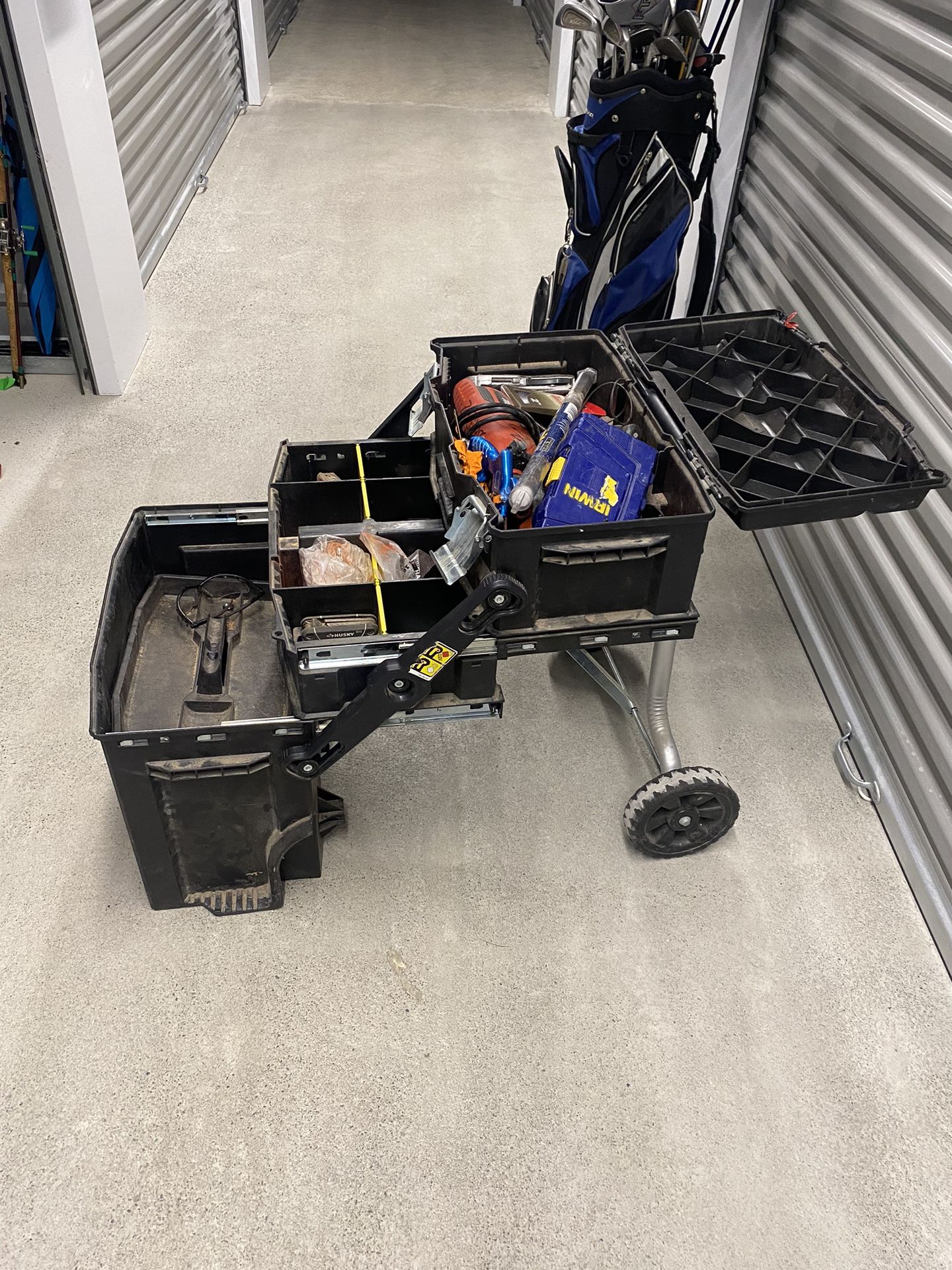 Includes tools pick up in orting FatMax Mobile Workstation, likely the 4-in-1 Cantilever Mobile Workbench Cabinet Tool Box
