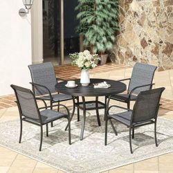 VICLLAX Round Patio Dining Table, 41 inch Metal Outdoor Dining Table with Umbrella Hole for Garden Lawn Balcony Deck,Grey