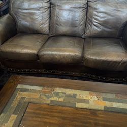 Moving Sale!! 3-Piece Brown Leather Living Room Set – Sofa, Loveseat & Coffee Table
