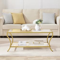 Glass Coffee Table, 2 Tier Black Coffee Table with Storage Shelf, Modern Rectangle Center Table with Glass-Top for Living Room, Home, Office G