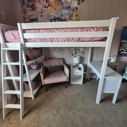 White Loft Bed With Bookshelf And Desk