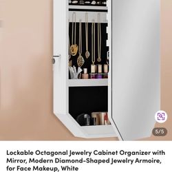 Lockable Octagonal Jewelry Cabinet Organizer with Mirror, Modern Diamond-Shaped Jewelry Armoire, for Face Makeup, White
