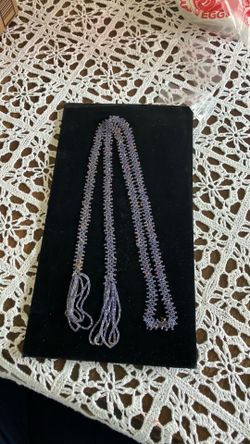 Vtg handmade blue seed bead Flapper Necklace