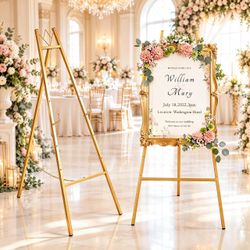 Brand new in box 57.5" Gold Easel Stand for Sign, Wedding Sign Stand for Display 4 Adjustable Height Levels Heavy Duty Metal Display Stand Floor Stand