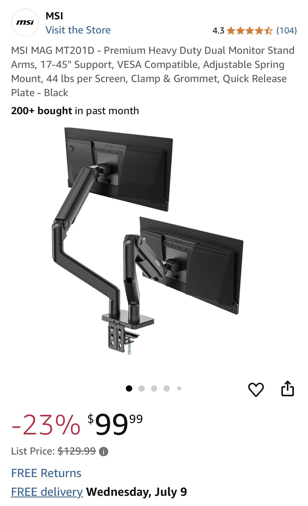 MSI Dual Monitor Arm $80