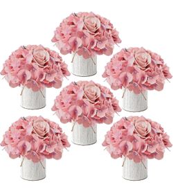Deep Pink Flower Table Centerpieces - Set of 6 Artificial Hydrangeas Floral Arrangement with Rustic Metal Vase for Bridal Tea Party Event Wedding Deco