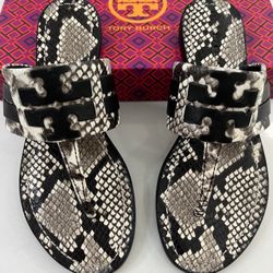 Tory Burch - Leigh Sandal - Stamped Snake Printed Leather - Warm Roccia / Perfect Black - Size 5.5, 6, 9