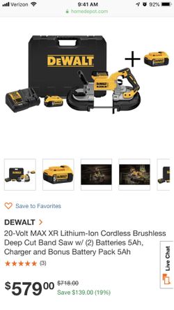 20-Volt MAX Lithium-Ion Cordless Brushless Deep Cut Band Saw w/ (2) Batteries 5Ah, Charger and Bonus Battery Pack 5Ah 20-Volt MAX Lithium-Ion Cordless Brushless Deep Cut Band Saw w/ (2) Batteries 5Ah, Charger and Bonus Battery Pack 5Ah