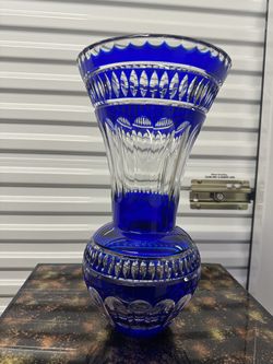 Cobalt Blue Cut to Clear Glass Vase Flared Neck Decorative Vase