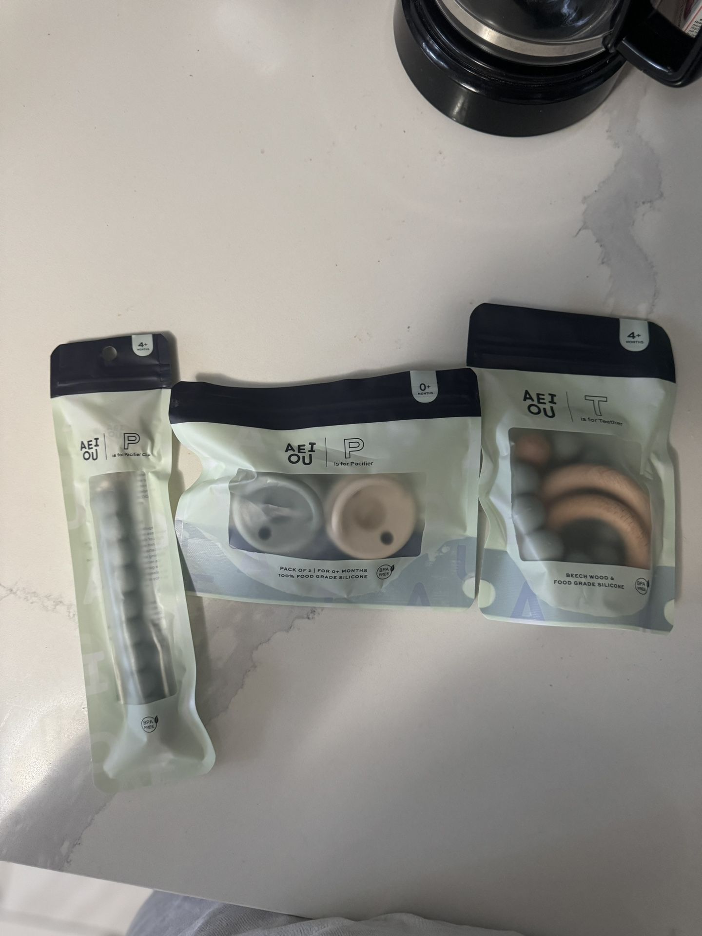AEIOU pacifier, pacifier clip & teether