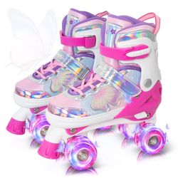 New- Children's Size 10-13 Four Size Adjustable Quad Roller Skates With Light Up Wheels By Nattork 
