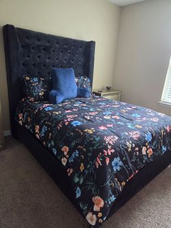 Navy Blue Velvet Tufted Wingback Bed Frame