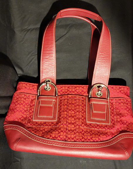 Coach Soho Deep Red Signature Jacquard & Leather Trim Shoulder Bag. 