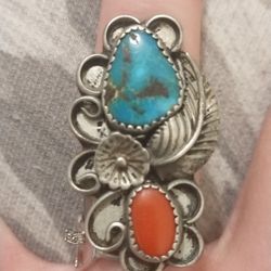 Turquoise And Coral Ring