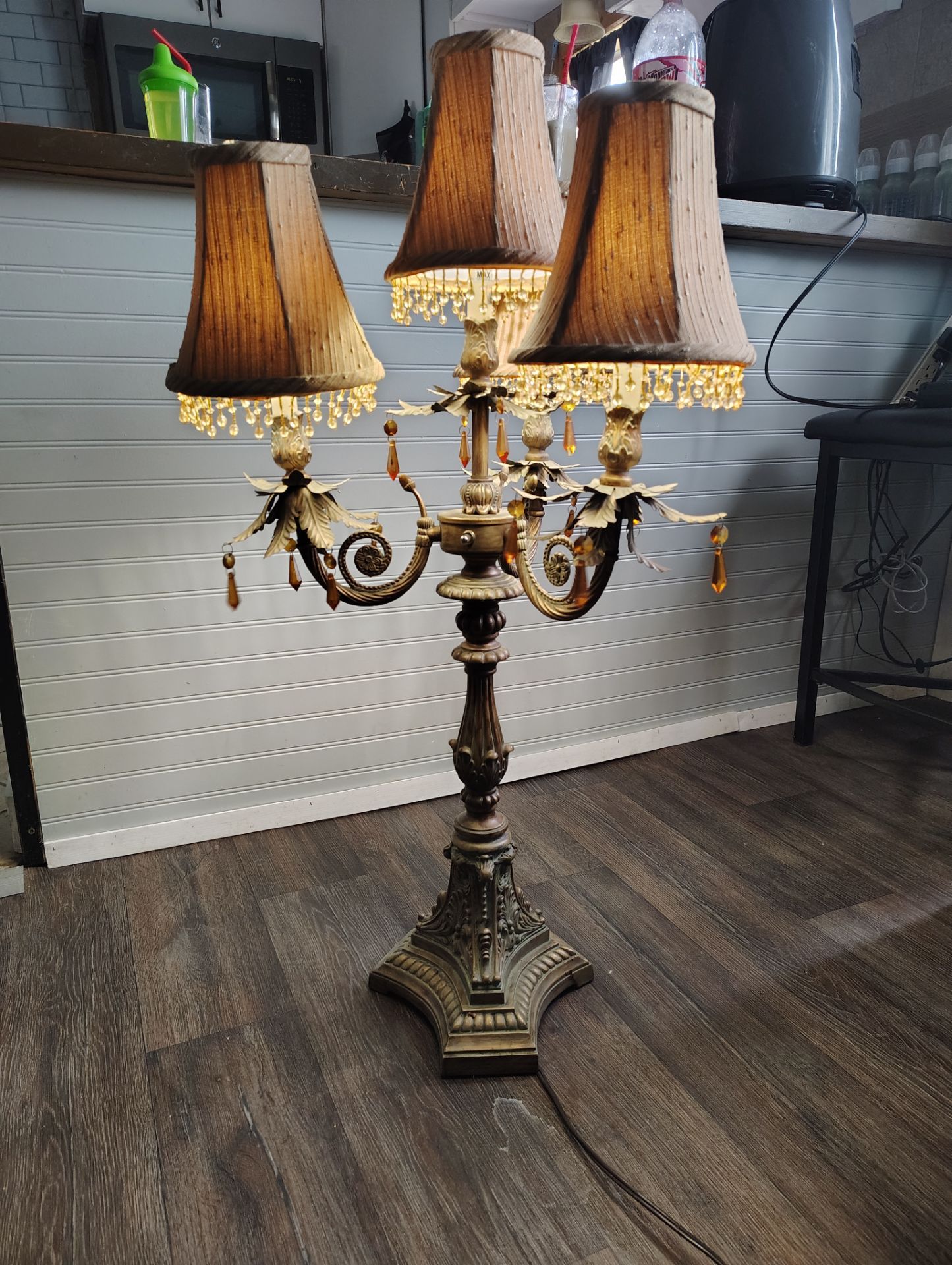 Vintage Candelabra-Style Table Lamp Amber Crystals Beaded Shades